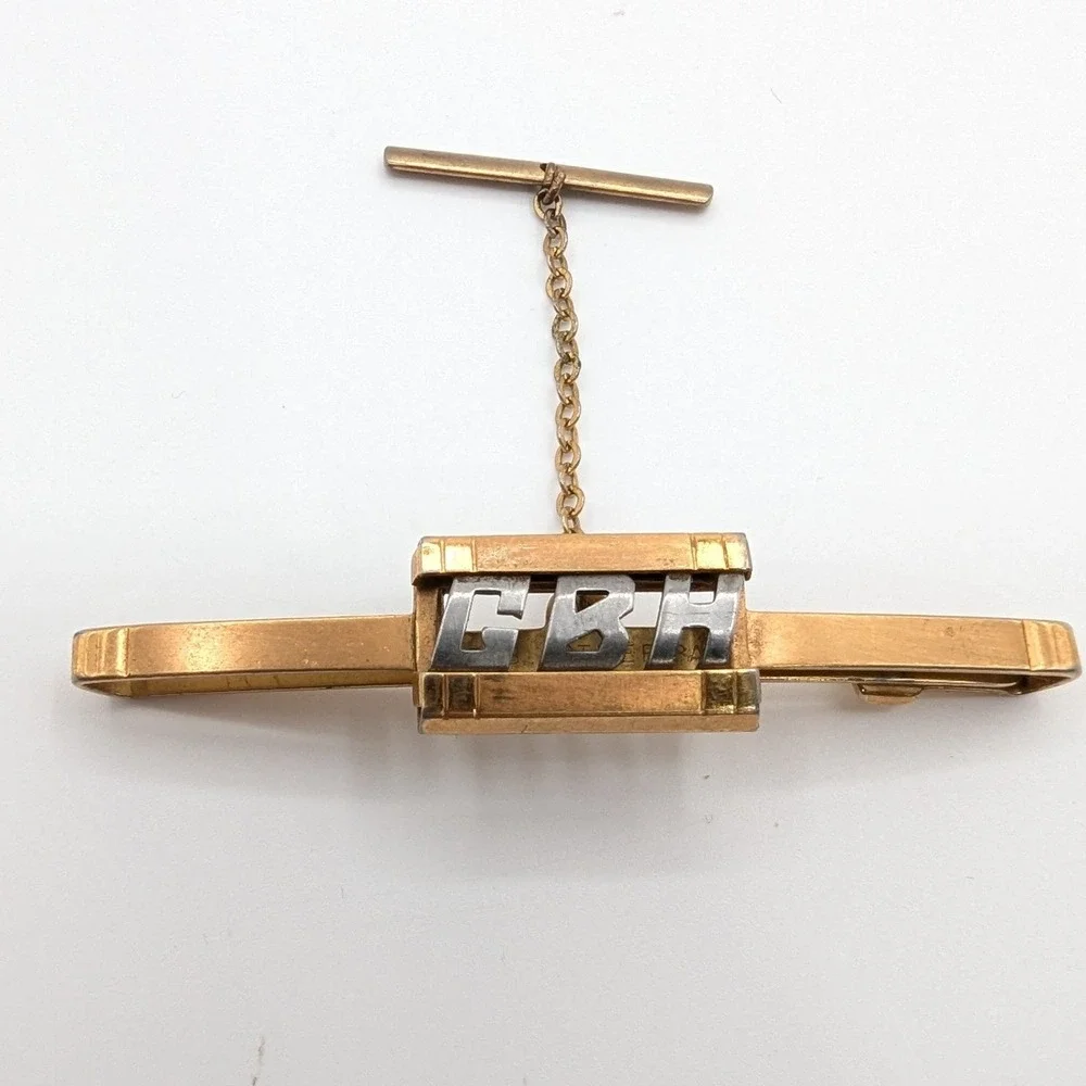 Swank Vintage Gold Tone‎ Monogram CBH Tie Clip Bar with Safety Chain T-Bar